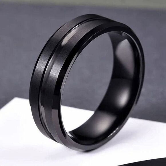 Stainless Steel Black Wedding Band Street Style Unisex Ring - Picture 3 of 4